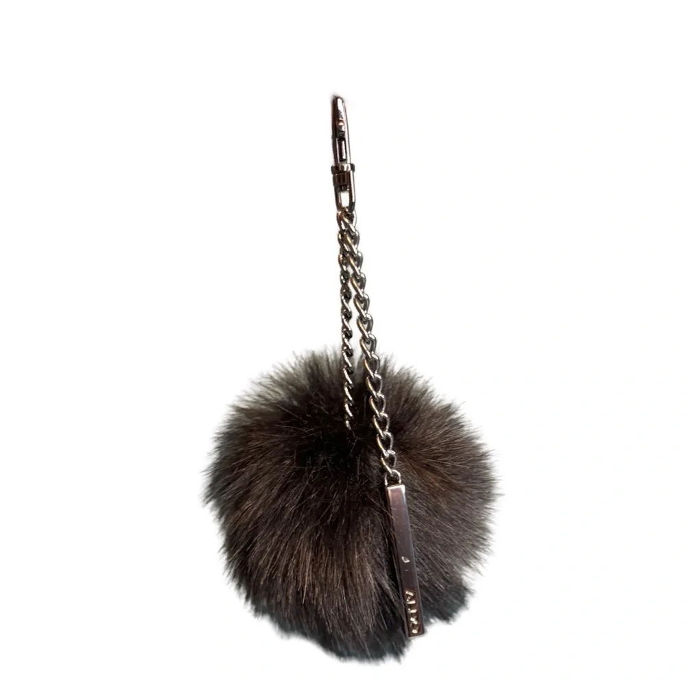 Black & Gunmetal Poof Circle Fuzzy Fur Aldo Bag Charm Key Chain EUC